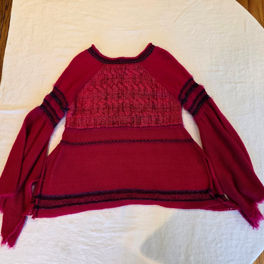 Free People Red Pink Bell Sleeve Mixed Knit‎ Wool Blend Sweater OB552904 Small